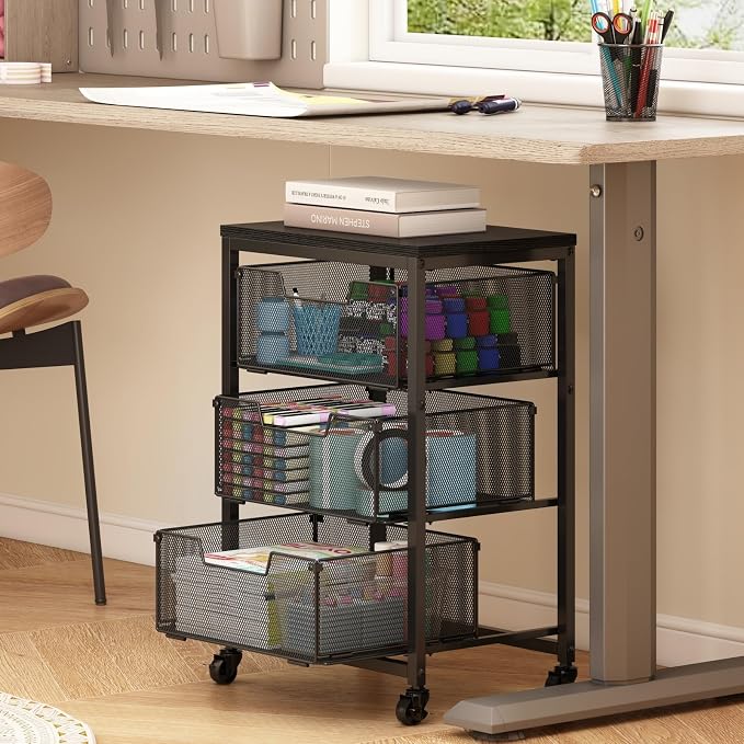 Under Desk Storage Cart with Lockable Wheels, 3-Drawer Rolling Storage Cart, Metal Utility Cart with Drawers for Art, Cart, Classroom, Office, Kitchen, Bedroom, Dorm Storage Under Bed by Aokitsink