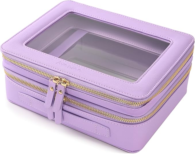Aveniee Clear Makeup Bags, Double Layer Cosmetic Bags with a Separate Brush Compartment, Large Travel Toiletry Bag Train Case for Women, Travel Accessories Organizer.2 Layers Large, Lilac by Aveniee