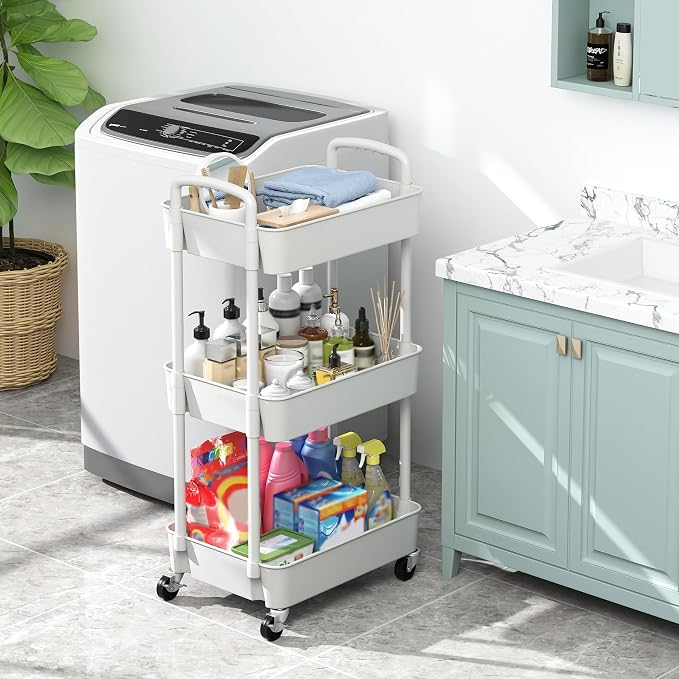 Sywhitta 3-Tier Plastic Rolling Utility Cart with Wheels for Storage,White | Multi-Functional Storage Trolley, for Office, Living Room, Kitchen, Bathroom,Movable Organizer,Space-Saving,Easy to assemble - Image 5