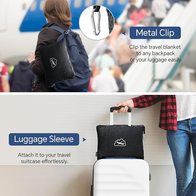 BEDELITE Travel Blanket with Bag, Jacquard Fleece Blanket 65"x40", Black | Ultra-soft Airplane Blanket, Luggage Sleeve & Backpack Clip, Travel Essentials for Women, Foldable as Pillow for Long Flight - Image 4