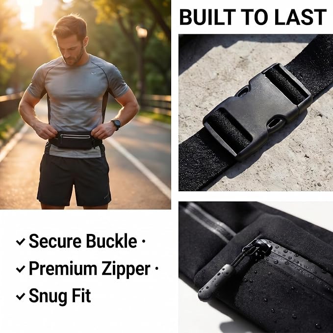 Running Belt for Women Men, Slim No-Bounce Waist Pack, Water Resistant Reflective Phone Holder Fits Phones up to 7.5 inch, Adjustable Fanny Pack for Running Jogging Hiking（Black） - Image 6