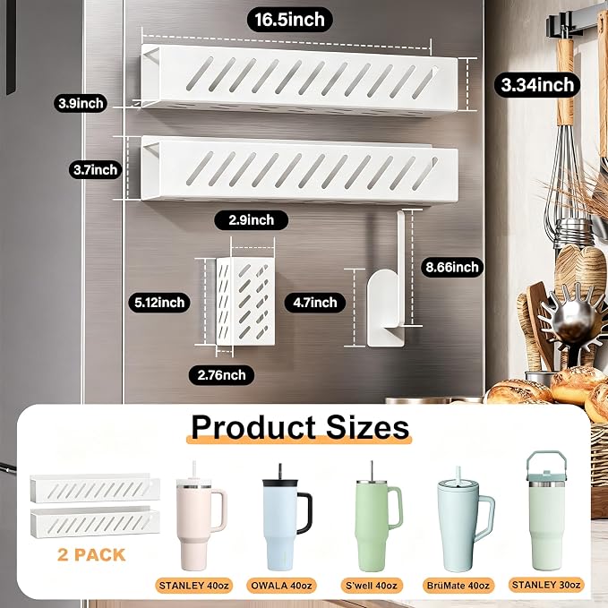 Magnetic Stanley Cup Holder for 8 Tumblers, Lid & Straw, 2-Pack, White | 2-pack magnetic holder for 8 Stanley 30/40 oz tumblers with lid & straw storage, secure fridge mount, white - Image 2