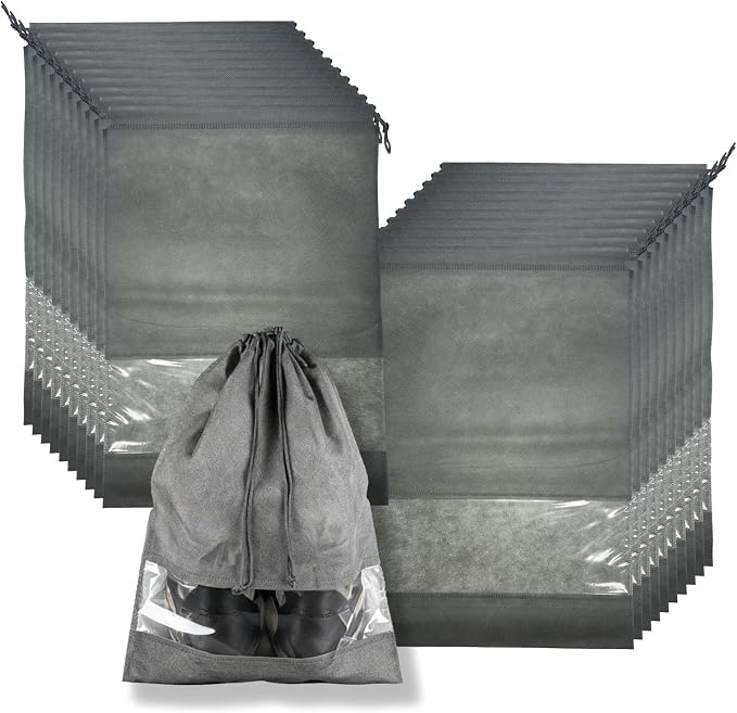 20 Pack Shoe Bags for Travel, 17" x 12.6" Drawstring Shoe Organizers with Clear Window, Breathable Non-Woven Dustproof Pouches for Luggage & Closet (Gray) by Unknown