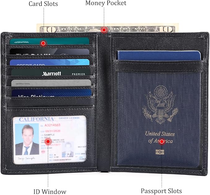 Polare Leather AirTag Passport Holder RFID Blocking Travel Bifold Wallet | Luxury Napa Cowhide Leather, AirTag Slot, Vintage Passport Cover Case, International Travel Wallet, Black - Image 4