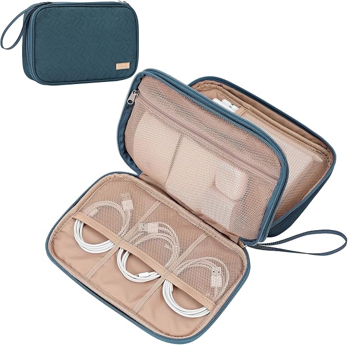NISHEL Travel Cord Organizer Case, Large, Lake-Blue | Double-layer bag keeps chargers, cables, flash drive, and small tech essentials organized for trip, Large, Lake-Blue by NISHEL