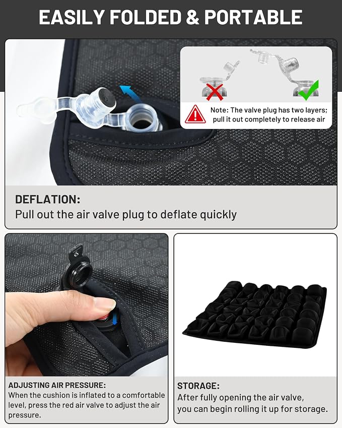 Inflatable Seat Cushion for Office, Travel, Car & Wheelchair - Inflating Air Cushion Seat, Portable Comfort Seat Cushions for Airplane, Stadium, Chair - Ergonomic Support for Long Sitting (Black) | Inflating Air Cushion Seat, Portable Comfort Seat Cush... - Image 5