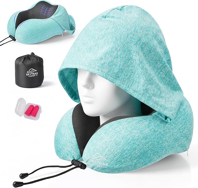 SkytraxComf® Travel Neck Pillow with Hood for Privacy on Long Flights | Memory Foam | Airplane Sleep | Safety-Tested Materials | Extra Large Hood | Chin Support | Earplugs | Washable Cover - Image 9