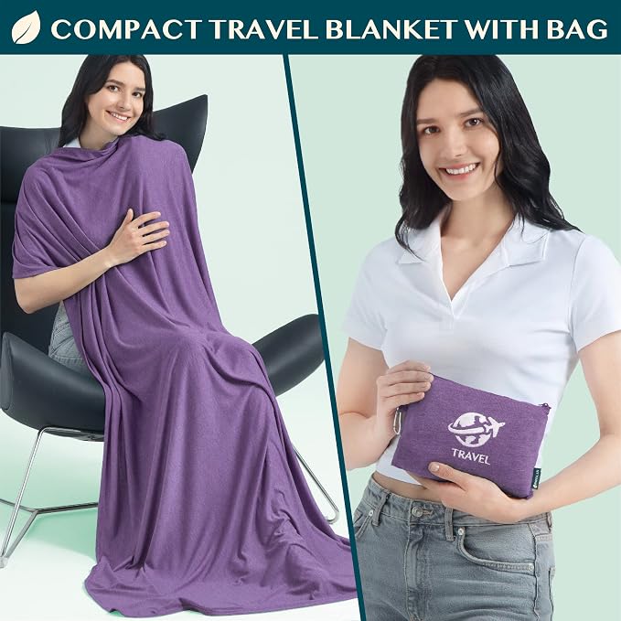 PAVILIA Travel Blanket Compact, Airplane Packable Bag, Soft Fleece Portable Throw Pillow Combo Set, Plane Flight Car Trips Essentials Gift Accessories, Luggage Backpack Clip, Purple, 65 x 40 Inch - Image 2