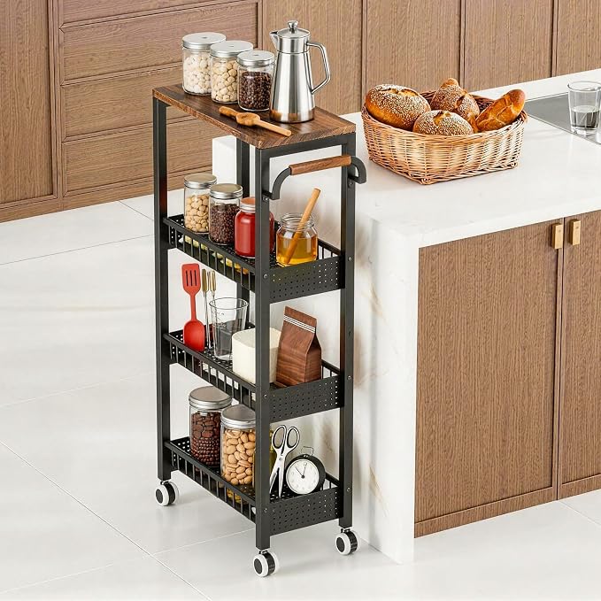 4 Tier Rolling Cart, Metal Utility Slim Storage Carts with Wheels, Small Mobile Shelf Unit Organizer Trolley with Handle and Wood Top, Rolling Cart for Laundry, Bathroom, Kitchen - Image 2