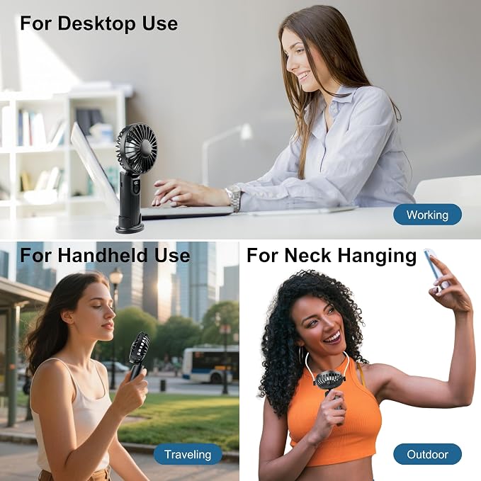 Portable Handheld Fan 5000mAh, Rechargeable Mini Fan with LED Display, 180° Foldable Small Desk Fan, 4 Speeds Quiet Personal Fan for Travel Makeup Office Outdoor - Black - Image 3