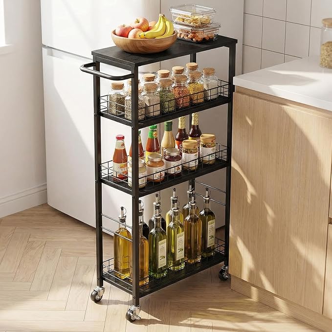 YBING Slim Storage Cart Kitchen Rolling Utility Cart on Wheels 4 Tier Mobile Narrow Cart with Wood and Metal Handle Slide Out Storage Shelving Unit Cart for Kitchen Living Room Small Places Black by YBING