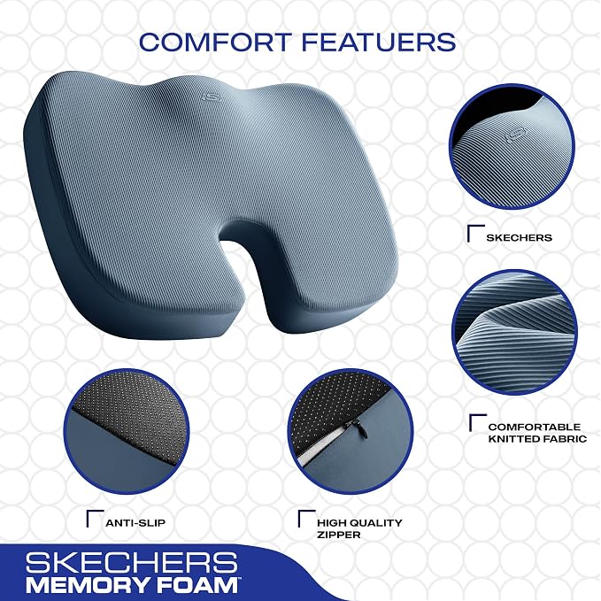 Skechers Memory Foam Seat Cushion,Office Chair Cushion for Tailbone Pain Relief,Butt Pillow for Office Chair,Car seat Cushion,Computer Desk,Long Sitting Office Workers,and Car Drivers,Blue - Image 3