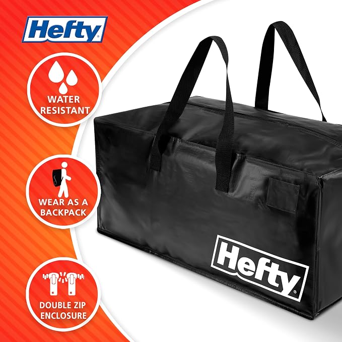 Hefty Moving Bag – Extra Large Double Zipper Backpack – Heavy Duty, Water Resistant, Foldable, Reusable Packing & Storage Tote with Shoulder Straps for Garage and Basement Organization – 2 Pack - Image 5