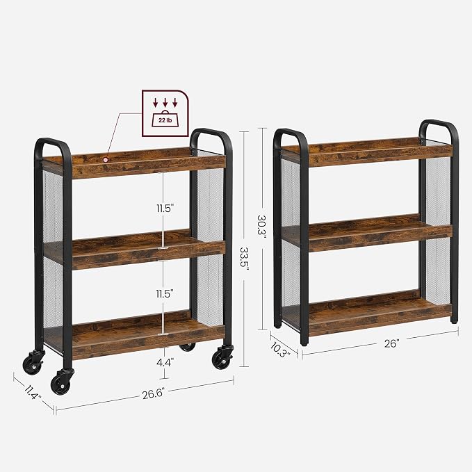 VASAGLE 3-Tier Narrow Storage Cart, Rolling Cart with Wheels, Steel Frame | Slim Storage Cart for Kitchen, Adjustable Feet, Traditional Basic Style, Rustic Brown and Black, DACEY Collection ULRC66BX - Image 5