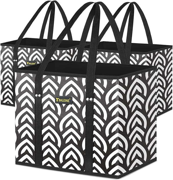BALEINE 3PK Reusable Grocery Bags, Heavy Duty Shopping Tote Bag | 12'' Long Handles, Reinforced Bottom Keeps Upright, Fold Flat Storage, Water-Resistant Shopping Bag, Multiple Color Options by BALEINE
