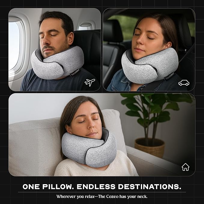 The Cozeo™ Travel Neck Pillow, 100% Pure Memory Foam Airplane Neck Pillow with Eye Mask & Earplug, Ideal for Long Flight, Car Road Trip Essentials & Sleeping | Suitable for Adults & Kids - Gray - Image 3