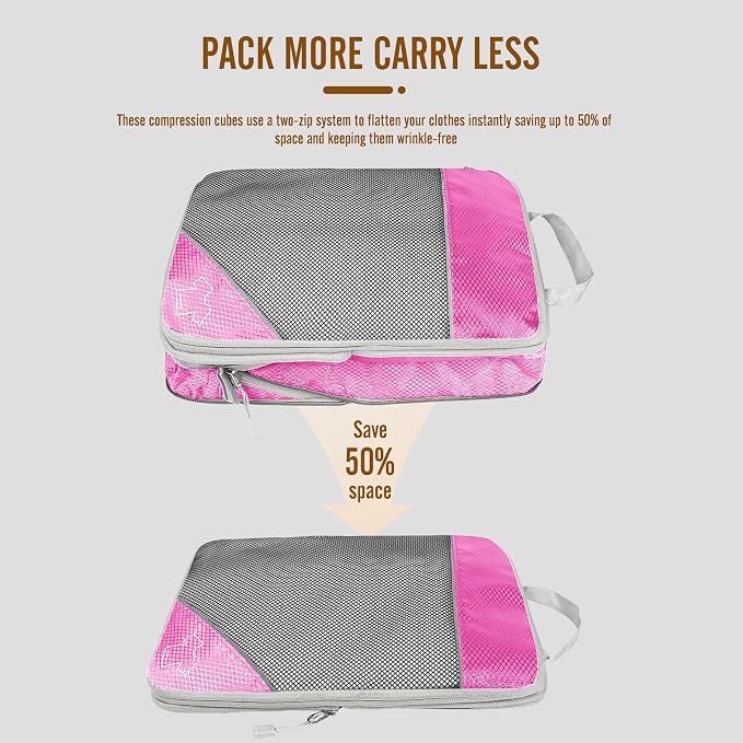 8 Set Compression Packing Cubes for Travel, Expandable Luggage Organizer with Shoe Bag & Laundry Bag - Lightweight Suitcase & Backpack Travel Essentials (Pink) - Image 3