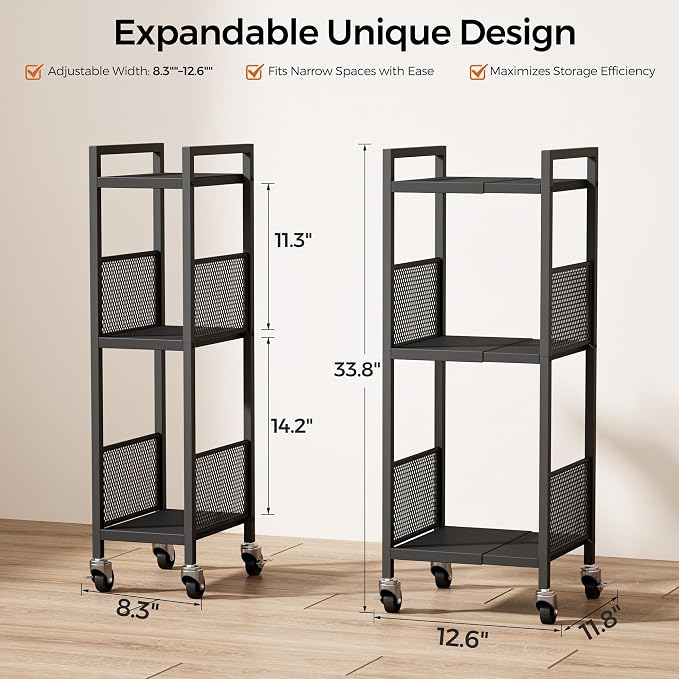 3-Tier Expandable Storage Shelving Unit,Slim Storage Cart,Metal | Adjustable Width 8.3" to 12.6", Bathroom Shelves, Narrow Shelf,Rolling Utility Cart, for Laundry, Bathroom,Small Spaces Black - Image 3