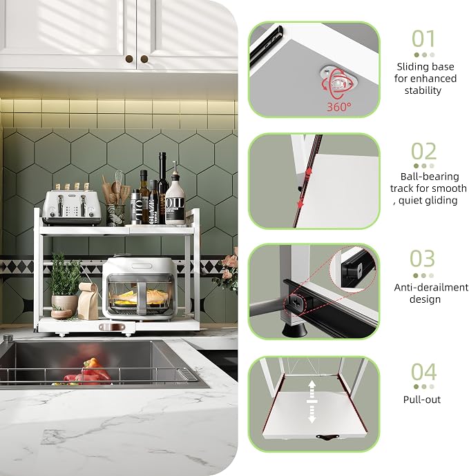 2 Tier Expandable Microwave Stand countertop,Microwave Oven Rack | Pull-Out Microwave Shelf, storage shelves for pans &appliances,Adjustable partition height，8 Hooks,55lbs max load,White - Image 5
