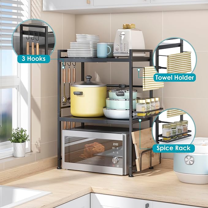 DOLALIKE Microwave Oven Rack, Expandable Microwave Stand Countertop Kitchen Utensils Tableware Storage, Carbon Steel Over Microwave Shelf Countertop with 6 Hooks | Adjustable Microwave Oven Rack Metal Storage Shelf for Pans Small Appliances Kitchen Ute... - Image 5