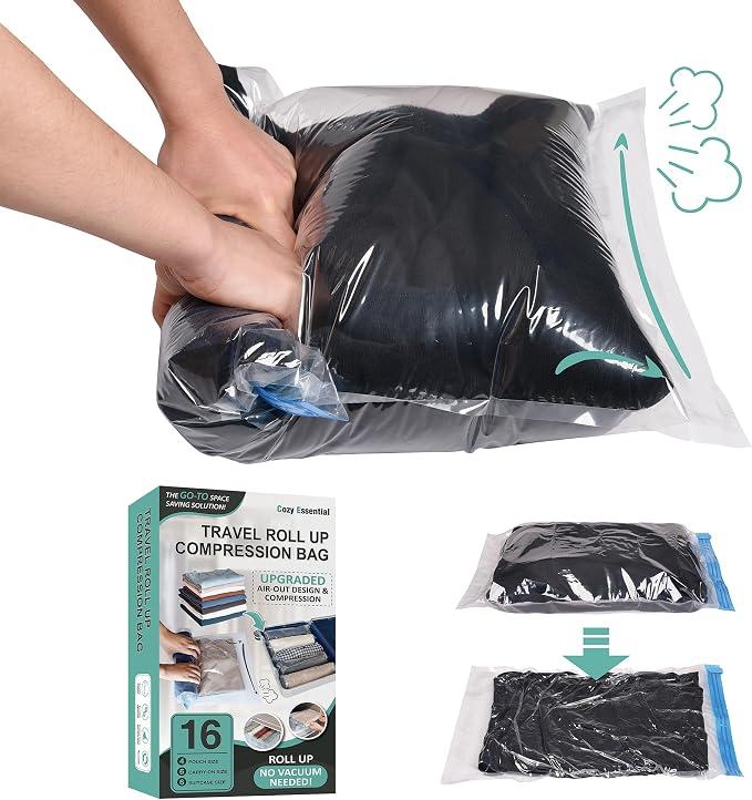 Cozy Essential Compression Bags for Travel - Travel Essentials - 16 Pack Space Saver Bags - No Vacuum Needed - Compression Packing Bags for Cruise Accessories by CozyEssential