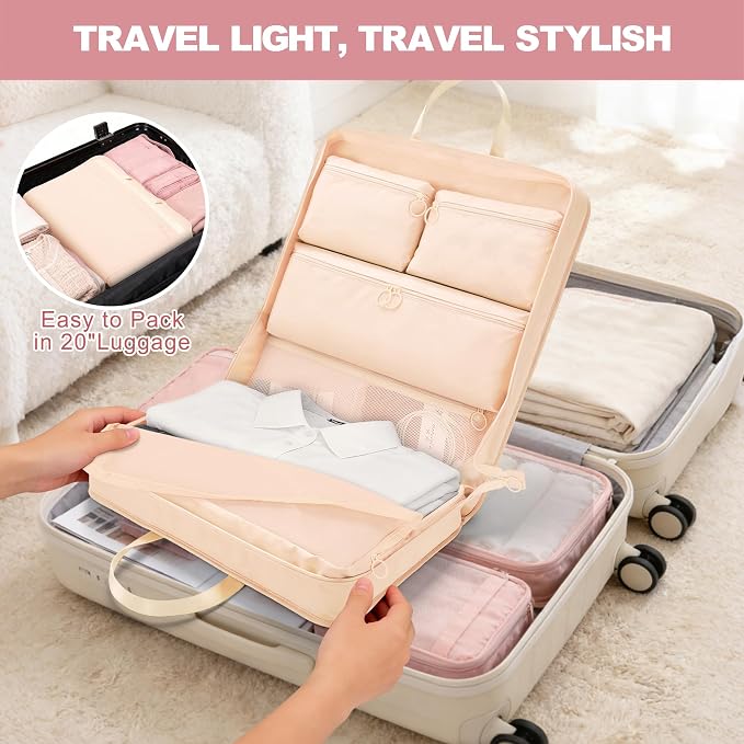 VS VOGSHOW Hanging Suitcase Organizer, 5 in 1 Foldable Travel Storage Bag for Women, Portable Packing Cube Closet with Compartments for Clothes (Beige) - Image 7