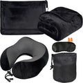 Travel Blanket and Pillow Set - Neck Pillow Airplane Essentials, Black | Memory Foam, Sleep Mask, Earplugs with Bag, Fleece Soft Comfort for Long Plane Flight Traveling Car Road Trip Flying by Nerien