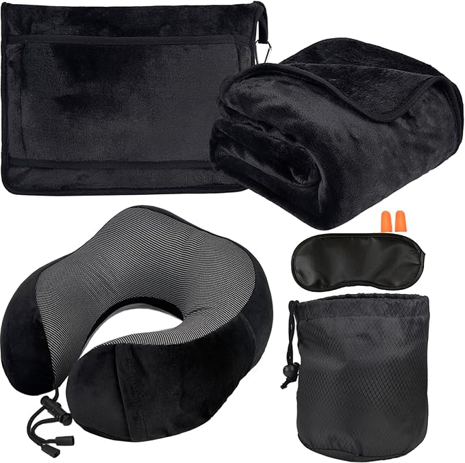 Travel Blanket and Pillow Set - Neck Pillow Airplane Essentials, Black | Memory Foam, Sleep Mask, Earplugs with Bag, Fleece Soft Comfort for Long Plane Flight Traveling Car Road Trip Flying by Nerien