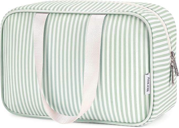 Full Size Toiletry Bag Women Large Cosmetic Bag Travel Makeup Bag Organizer Medicine Bag for Toiletries Essentials Accessories (Mint Green Stripe, Large) by Narwey