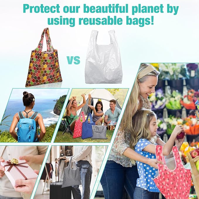 Eccliy 24 Pieces Reusable Grocery Bags Polyester Shopping Bags for Groceries Multi Colors Reusable Foldable Shopping Tote (Geometric Rules) - Image 6