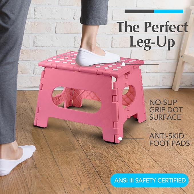 Handy Laundry Folding Step Stool 9 Inch, Pink, Non-Slip Holds 300 lbs | 9 Inch, Pink, Foldable Collapsible Step Stool, Non-Slip, Holds 300 lbs, Kitchen Bathroom Bedroom, Adults - Image 2