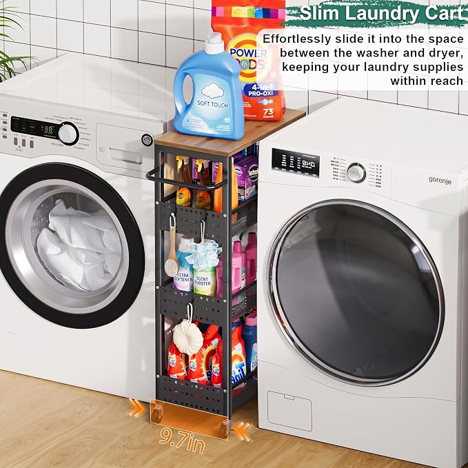 Laundry Room Slim Rolling Cart with Wheels for Between Washer and Dryer Gap | Utility Slim Storage Cart with Table Top, Small Laundry Organizers and Storage Shelves, Thin Shelf for Narrow Spaces, 4 Tier - Image 4