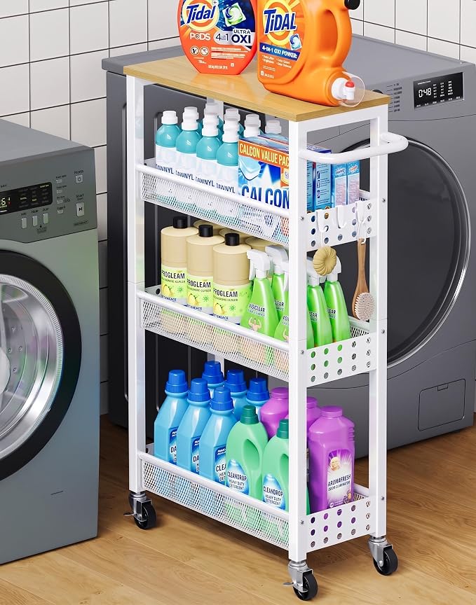 Laundry Room Slim Rolling Cart with Wheels for Between Washer and Dryer Gap | Utility Narrow Laundry Room Organization and Storage Shelves, White Skinny Shelf with Table Top,Detergent Organizer Cabinet by Unknown