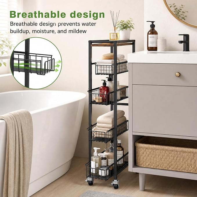 5-Tier Slim Rolling Cart Kitchen Utility Cart, Narrow Kitchen Cabinet with 4 Pull-Out Baskets - Versatile Rolling Storage Cart for Spices, Pantry & Bathroom Organization - Image 6