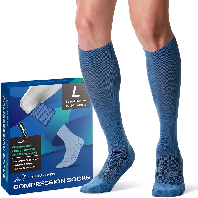 Compression Socks for Women and Men, 15-20mmHg Knee High Support Socks, Lightweight Breathable Travel and Running Socks for Flying, Training, Work and Daily Wear, S-L, 1 Pair by LANDWOVEN-SpeedRunner