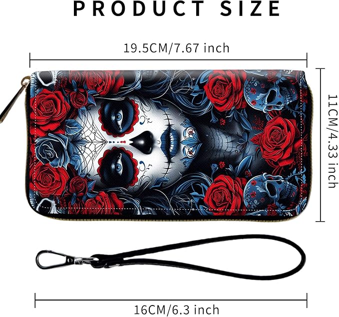 Wallet,Leather Long Wallet Suitable For Ladies And Teenagers - Detachable Wristband + RFID Travel Wallet With Card Slot - Sugar Skull Woman - Image 2