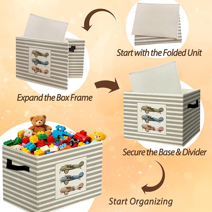 Vintage Airplane Storage Bins Boxes Handles | grey striped nursery foldable basket for organizing bedroom toddler playroom - Image 6