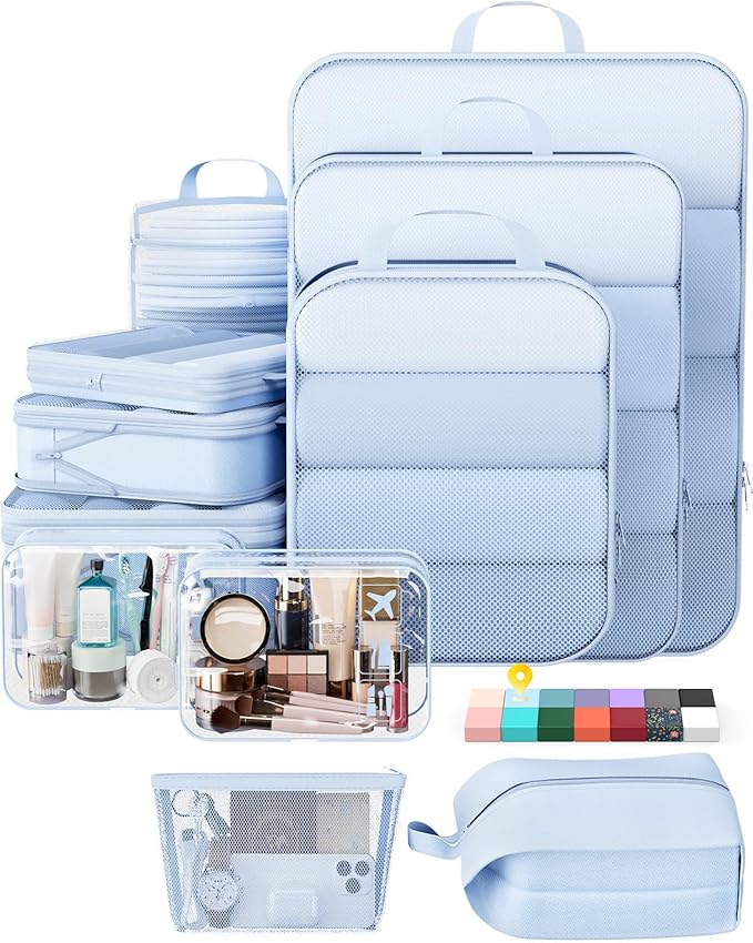 Veken 11 Set Compression Packing Cubes Garment Bags for Travel Essentials,Compressible Expandable Luggage Organizer Bags for Clothing,Space Saver Bags with Over 1000 pcs of Mesh Holes(Light Blue) by Veken