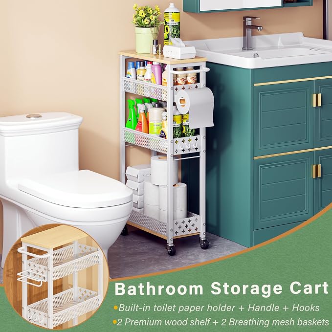 OKZEST Slim Bathroom Organizers and Storage Cart with Toilet Paper Holder | Upgraded metal hub casters, 4-Tier space-saving narrow rolling cart, Premium wood & metal mesh shelves, Holds tall bottles - Image 2