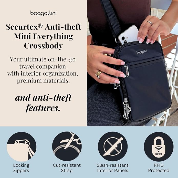 Baggallini Securtex® Anti-theft Mini Everything Crossbody Bag, 6.3"x8.25" Rfid, Locking Zippers & Cut-resistant Strap - Image 2