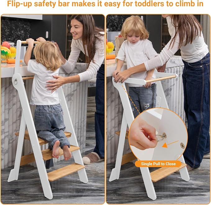 COSYLAND Toddler Standing Tower Foldable Toddler Kitchen Step Stool | Adjustable Height Folding Step Stool for Kids Learning & Cooking - Ages 18 Months to 6 Years with Safety Net Natural & White - Image 7