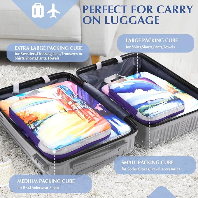 Gonex 4-Piece Compression Packing Cubes, Expandable Travel Organizers | Unique Printed Design, Ripstop Fabric, Double-Zip Compression, Carry-On Friendly, Lightweight - Image 5