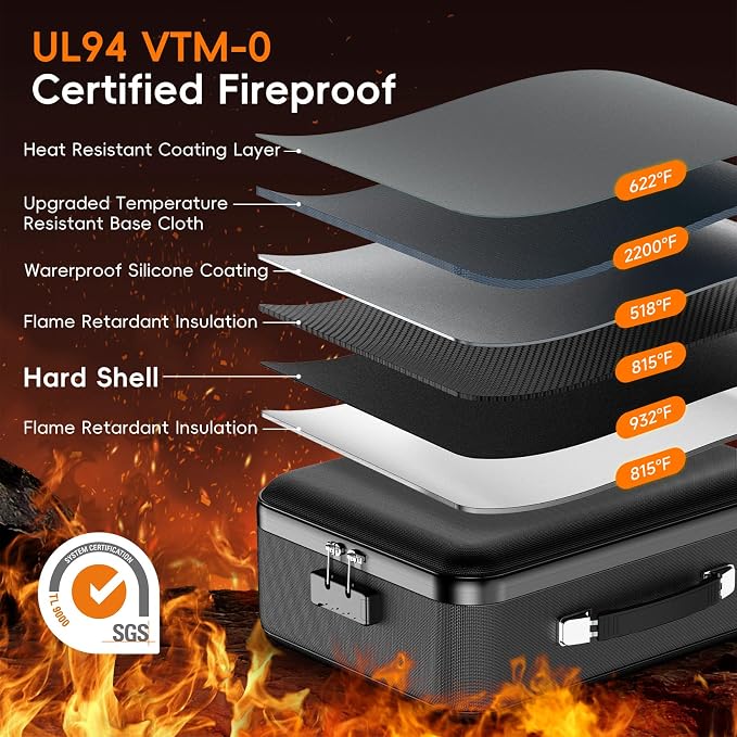 Fireproof Document Box with Lock, Waterproof Hard Shell File Organizer with Accordion Folder, Portable Fireproof File Safe Box for Home Office Storage of Documents, Laptop, Cash & Passports - Image 3