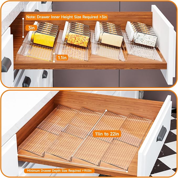 8 Pack Adjustable In Drawer Spice Organizer - Expandable From 11'' to 22'' - Acrylic Drawer Seasoning Organizer,Clear Spice Organization Tray for Cabinet Drawers Condiment,Nail Polish and Jar - Image 6