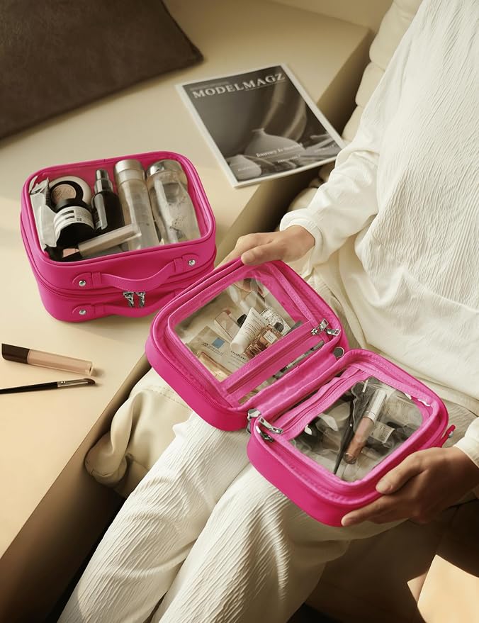 Clear Cosmetic Bag Double Layer Travel Toiletry Bag Clear Makeup Bag Case with 4 Compartments, Transparent Travel Bag for Toiletries, Large Toiletry Bag for Women Cosmetic Case (Hot Pink, Small) - Image 7