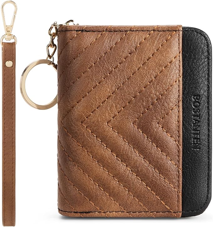 BOSTANTEN Credit Card Holder Small RFID Wallet Women with Keychain Wristlet | Compact, Accordion Design, Easy Organization, Fits Small Purses, Quilted Vegan Leather, Perfect Gifts, Brown＆Black by BOSTANTEN