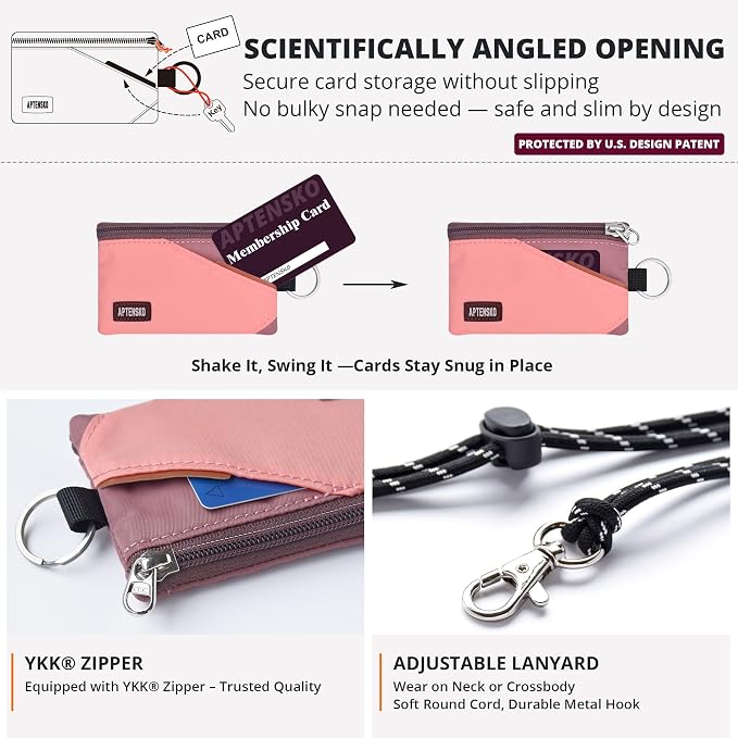 RFID Blocking Travel Wallet with Adjustable Lanyard, Small Nylon Zipper Pouch and Badge Holder for ID, Credit Cards, Cash, Keys, Commuters (CoralBlush+Mauve) - Image 5