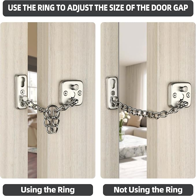 Mooche Door Chain Lock, Chain Door Lock with Spring Anti-Theft Press Lock | Thickened Stainless Steel Door Latch Guard with Screws for Interior Outdoor Toilet Barn Fence Garage (Brushed) - Image 4
