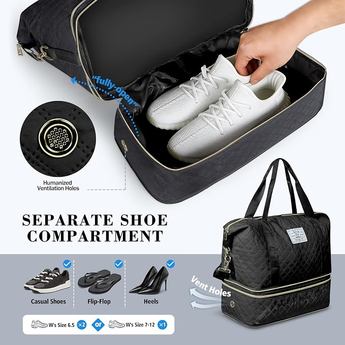 Geestock Travel Duffle Bag - Weekender Overnight Bags for Women, Black | Travel Bag with Expandable Shoe Compartment & Trolley Sleeve, Lightweight Carry On Bag with Drawstring Storage Pouch for Trip - Image 3