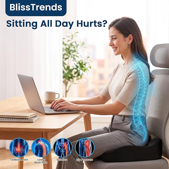 BlissTrends Memory Foam Seat Cushion for Office Chair & Car Seat, Black | 4.7in Ergonomic Tailbone & Sciatica Support with Removable Velvet Cover for Pressure Relief and Long Sitting Comfort - Image 5